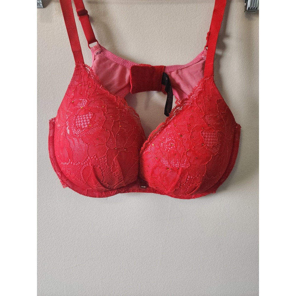 Victoria's Secret Red Floral Lace Rhinestone Plunge Underwire Bra 36C